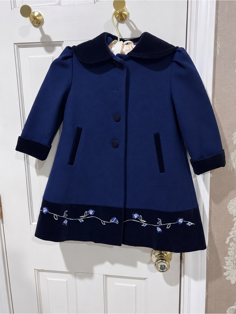 Vintage Rothschild Girls 3T 100% Wool Navy Velvet Embroidered Dress Coat